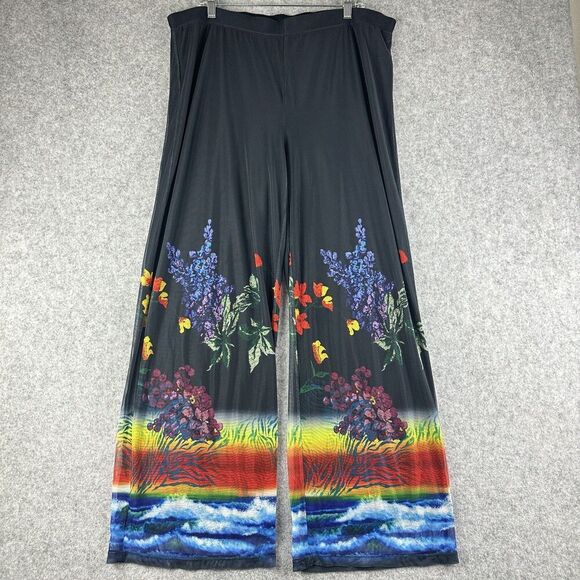 John Mark Chelsea Floral Pants Women XL Wide Leg Pull On Artsy Boho Palazzo Mesh - Picture 1 of 16